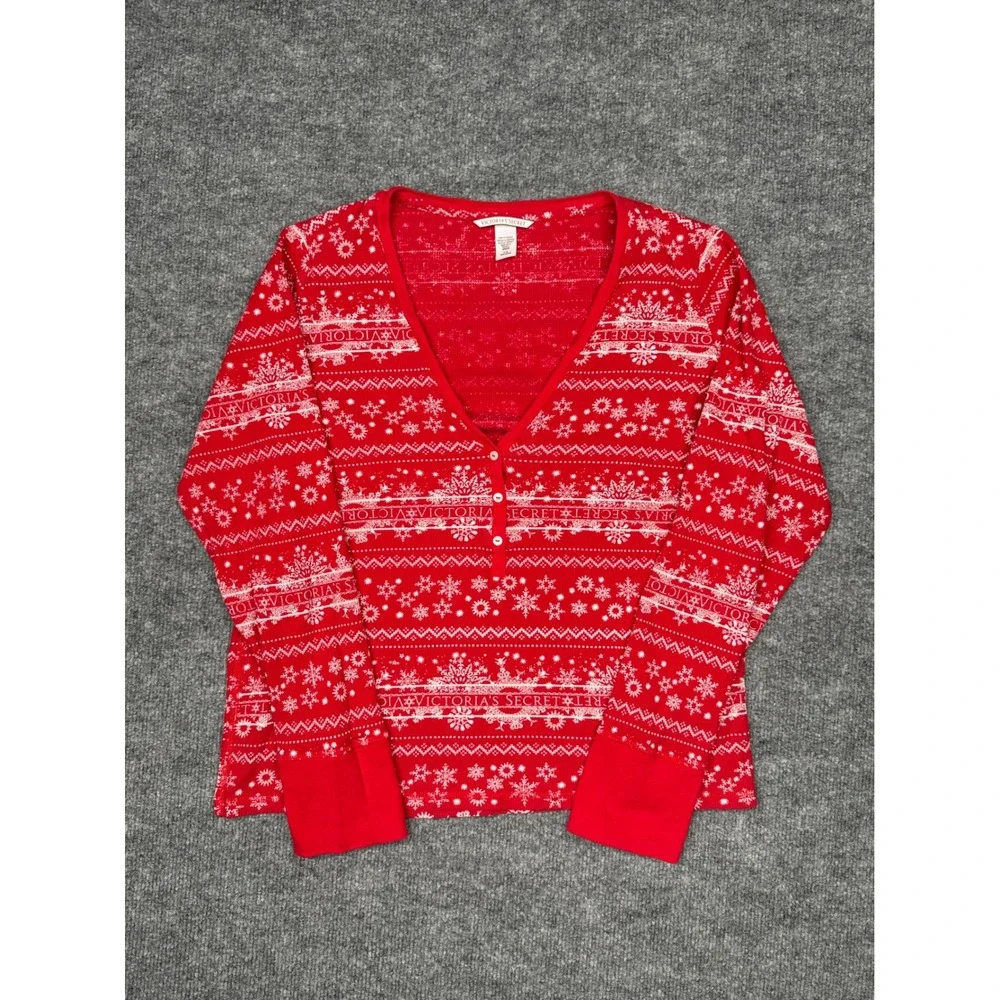 Victoria's Secret Red Snowflake Thermal Henley Top‎ Womens Large Holiday